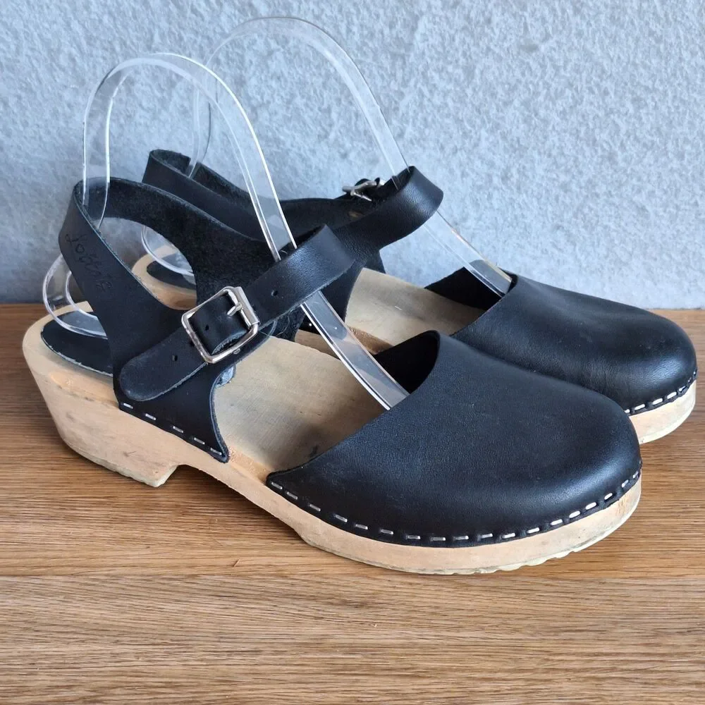 Lotta Stockholm Wood Clogs Women 8 8.5 US 39 EU Black Leather Slingback Shoes